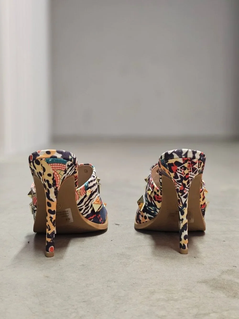 Cape Robbin Gold Studded Multicolor Printed High Heel Mules With Open Toe Womens - Picture 10 of 14